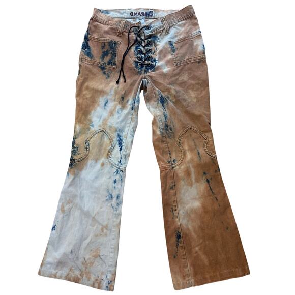 00s Y2K G Brand G Sword Flare Jeans Womens 28" Bleached Denim Low Rise Lace Up - Picture 1 of 8